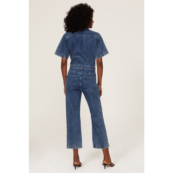 DL1961 Hannah Blue Denim Straight Leg Short Sleeve Collared Jean Jumpsuit Size L - Picture 3 of 14
